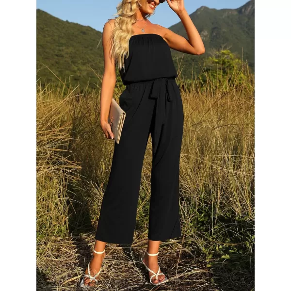 imageZESICA Womens 2023 Casual Off Shoulder Solid Color Strapless Belted Wide Leg Jumpsuit RomperBlack