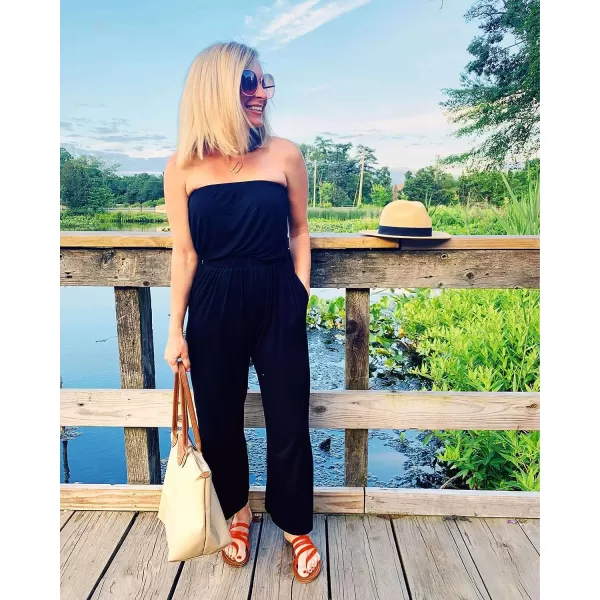 imageZESICA Womens 2023 Casual Off Shoulder Solid Color Strapless Belted Wide Leg Jumpsuit RomperBlack