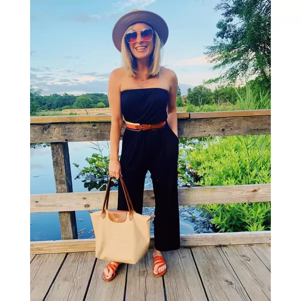 imageZESICA Womens 2023 Casual Off Shoulder Solid Color Strapless Belted Wide Leg Jumpsuit RomperBlack