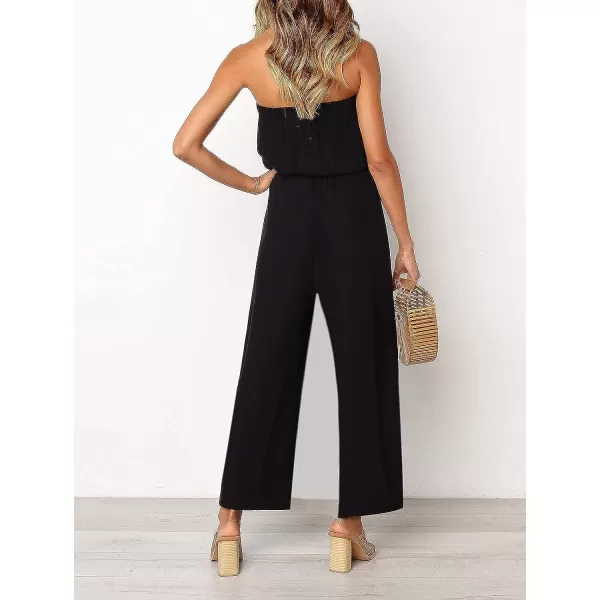 imageZESICA Womens 2023 Casual Off Shoulder Solid Color Strapless Belted Wide Leg Jumpsuit RomperBlack