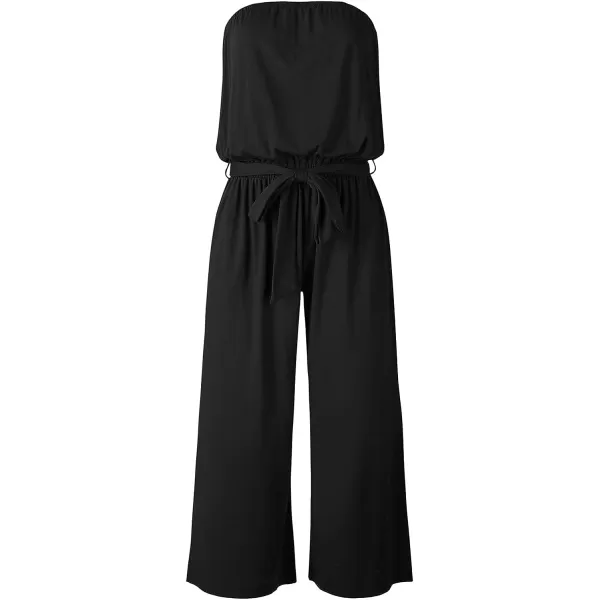 imageZESICA Womens 2023 Casual Off Shoulder Solid Color Strapless Belted Wide Leg Jumpsuit RomperBlack