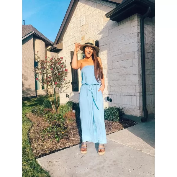 imageZESICA Womens 2023 Casual Off Shoulder Solid Color Strapless Belted Wide Leg Jumpsuit RomperBlue