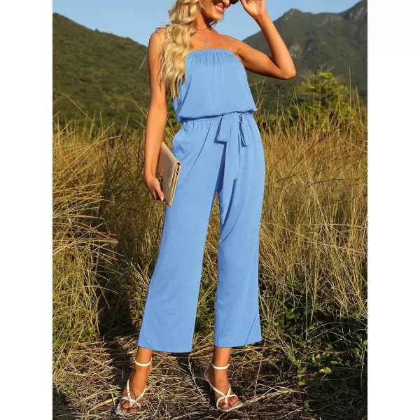 imageZESICA Womens 2023 Casual Off Shoulder Solid Color Strapless Belted Wide Leg Jumpsuit RomperBlue
