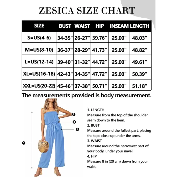 imageZESICA Womens 2023 Casual Off Shoulder Solid Color Strapless Belted Wide Leg Jumpsuit RomperBlue