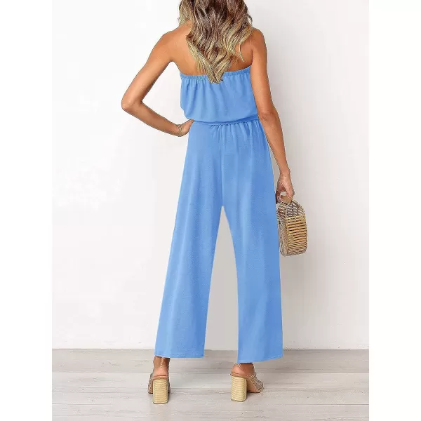 imageZESICA Womens 2023 Casual Off Shoulder Solid Color Strapless Belted Wide Leg Jumpsuit RomperBlue