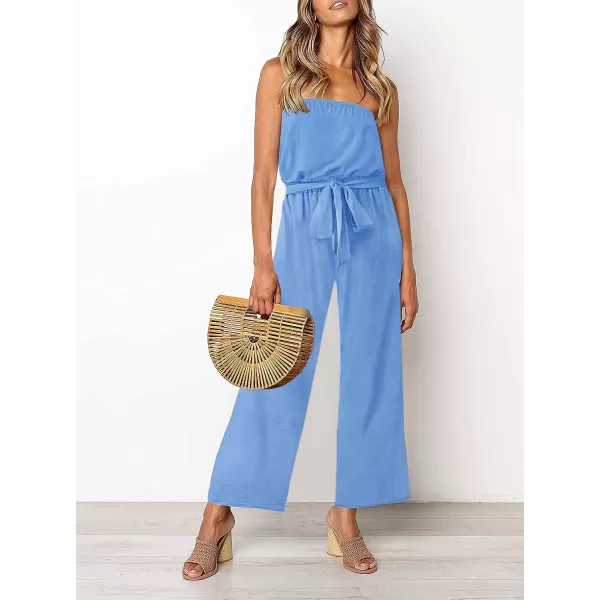 imageZESICA Womens 2023 Casual Off Shoulder Solid Color Strapless Belted Wide Leg Jumpsuit RomperBlue
