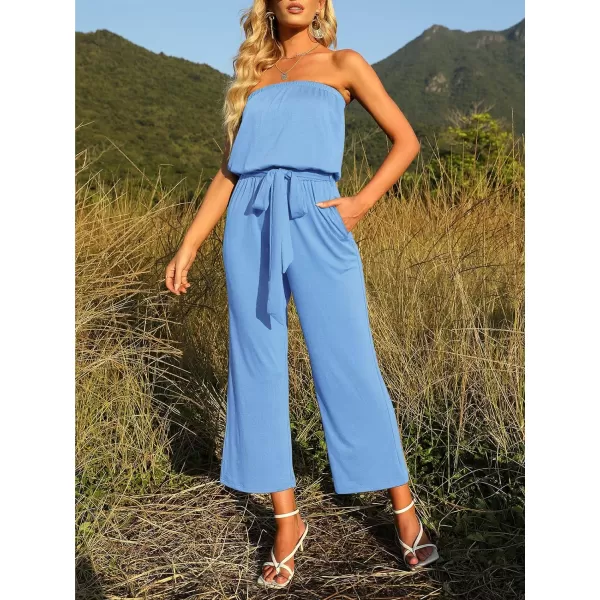 imageZESICA Womens 2023 Casual Off Shoulder Solid Color Strapless Belted Wide Leg Jumpsuit RomperBlue