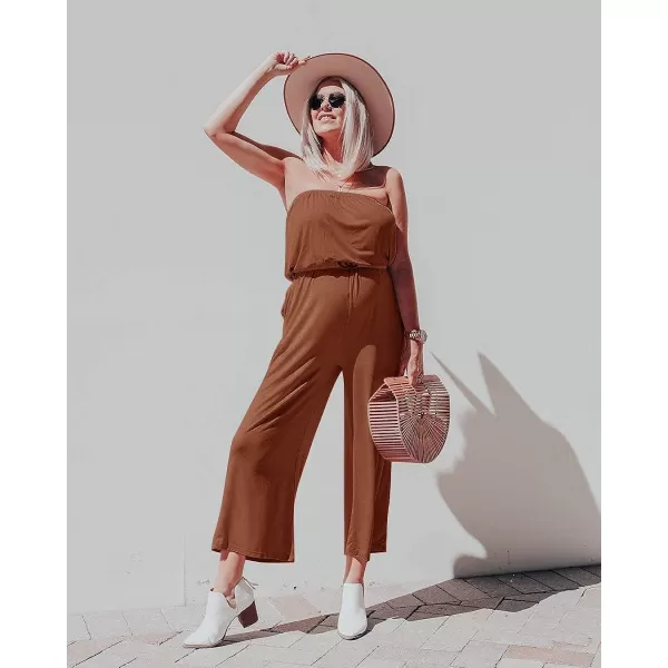 imageZESICA Womens 2023 Casual Off Shoulder Solid Color Strapless Belted Wide Leg Jumpsuit RomperCaramel