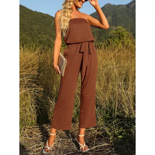 imageZESICA Womens 2023 Casual Off Shoulder Solid Color Strapless Belted Wide Leg Jumpsuit RomperCaramel