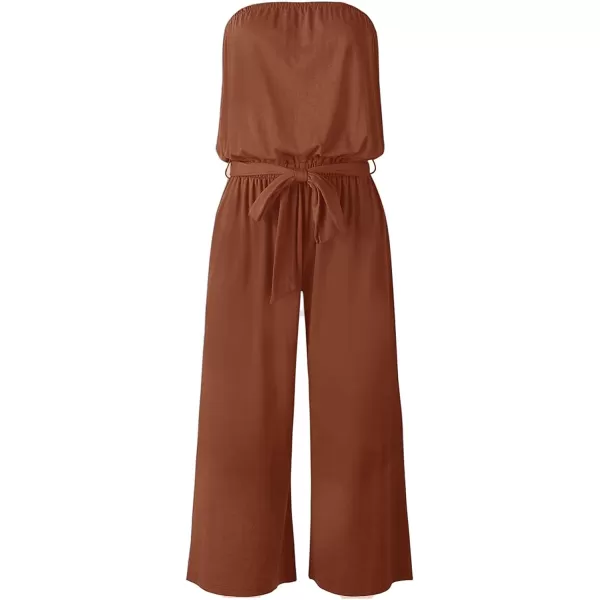 imageZESICA Womens 2023 Casual Off Shoulder Solid Color Strapless Belted Wide Leg Jumpsuit RomperCaramel