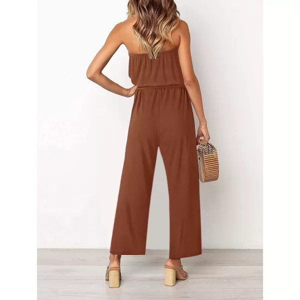 imageZESICA Womens 2023 Casual Off Shoulder Solid Color Strapless Belted Wide Leg Jumpsuit RomperCaramel