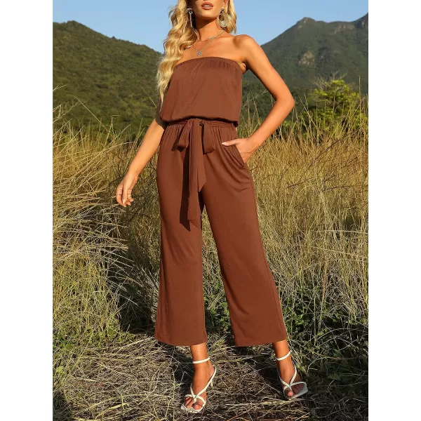 imageZESICA Womens 2023 Casual Off Shoulder Solid Color Strapless Belted Wide Leg Jumpsuit RomperCaramel