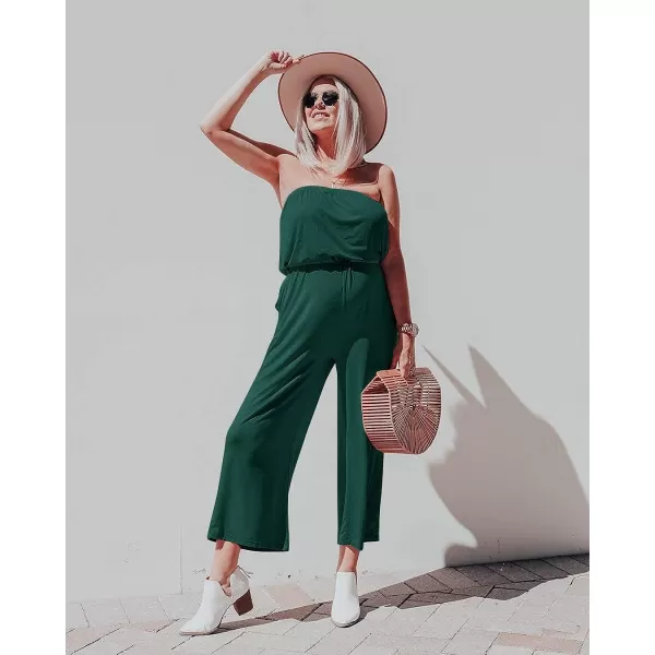 imageZESICA Womens 2023 Casual Off Shoulder Solid Color Strapless Belted Wide Leg Jumpsuit RomperDarkgreen