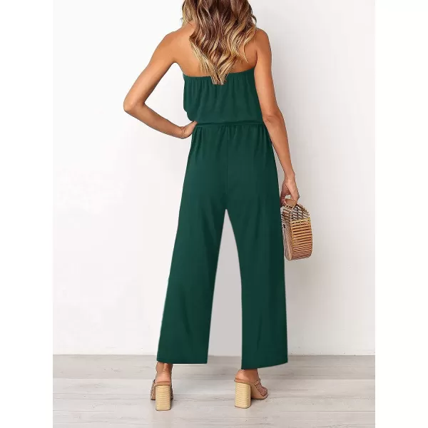 imageZESICA Womens 2023 Casual Off Shoulder Solid Color Strapless Belted Wide Leg Jumpsuit RomperDarkgreen