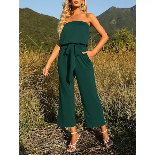 imageZESICA Womens 2023 Casual Off Shoulder Solid Color Strapless Belted Wide Leg Jumpsuit RomperDarkgreen