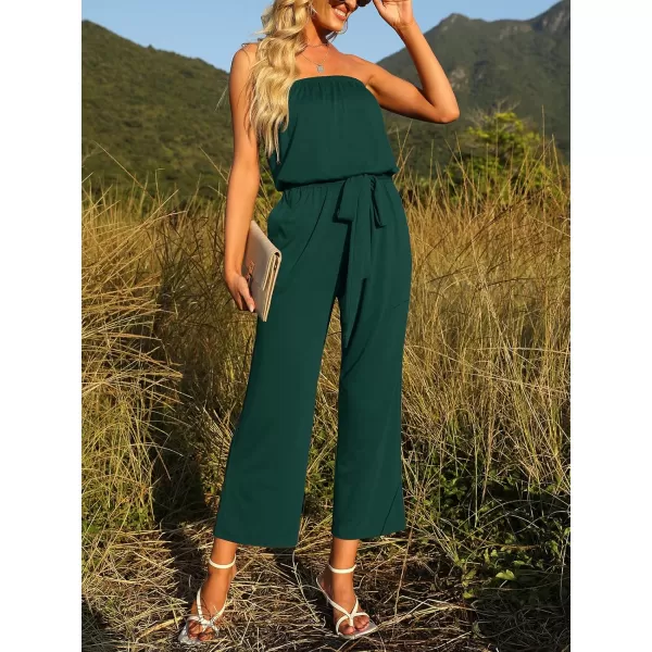 imageZESICA Womens 2023 Casual Off Shoulder Solid Color Strapless Belted Wide Leg Jumpsuit RomperDarkgreen