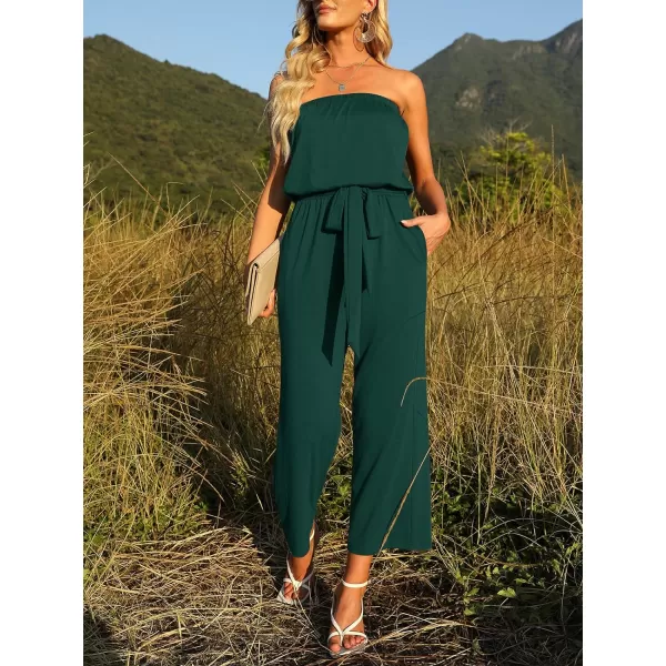 imageZESICA Womens 2023 Casual Off Shoulder Solid Color Strapless Belted Wide Leg Jumpsuit RomperDarkgreen