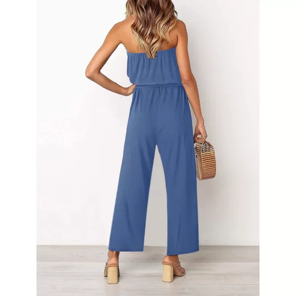 imageZESICA Womens 2023 Casual Off Shoulder Solid Color Strapless Belted Wide Leg Jumpsuit RomperDustyblue