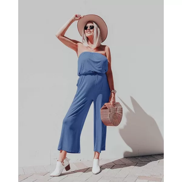 imageZESICA Womens 2023 Casual Off Shoulder Solid Color Strapless Belted Wide Leg Jumpsuit RomperDustyblue