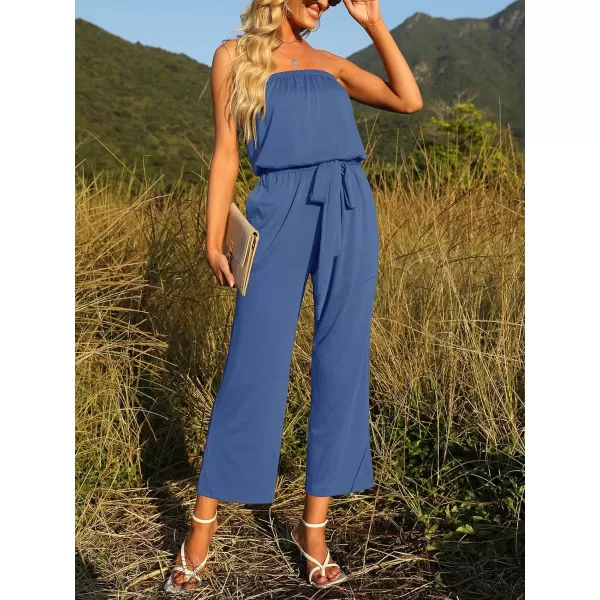 imageZESICA Womens 2023 Casual Off Shoulder Solid Color Strapless Belted Wide Leg Jumpsuit RomperDustyblue