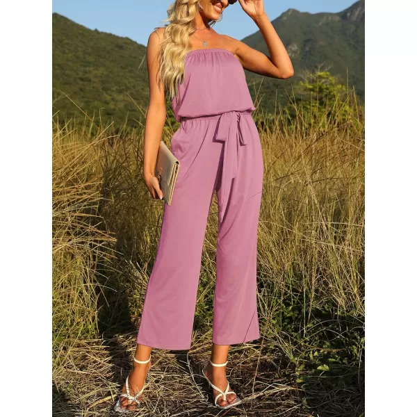 imageZESICA Womens 2023 Casual Off Shoulder Solid Color Strapless Belted Wide Leg Jumpsuit RomperDustypink