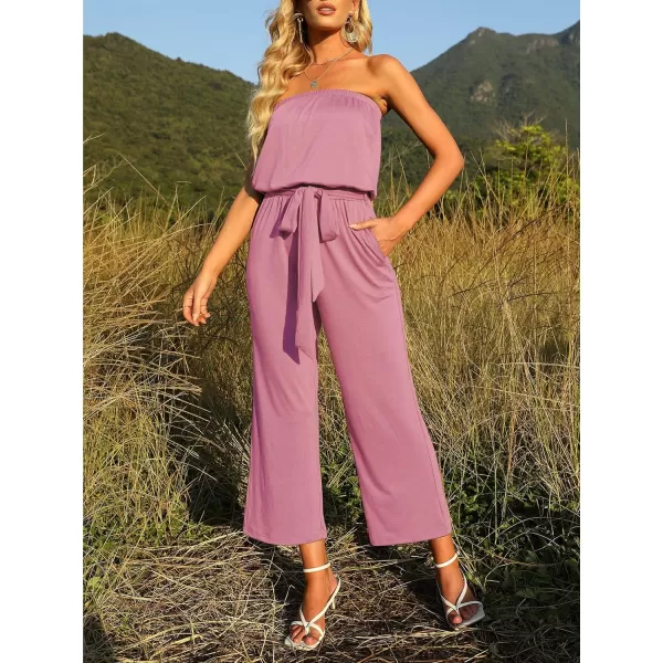 imageZESICA Womens 2023 Casual Off Shoulder Solid Color Strapless Belted Wide Leg Jumpsuit RomperDustypink