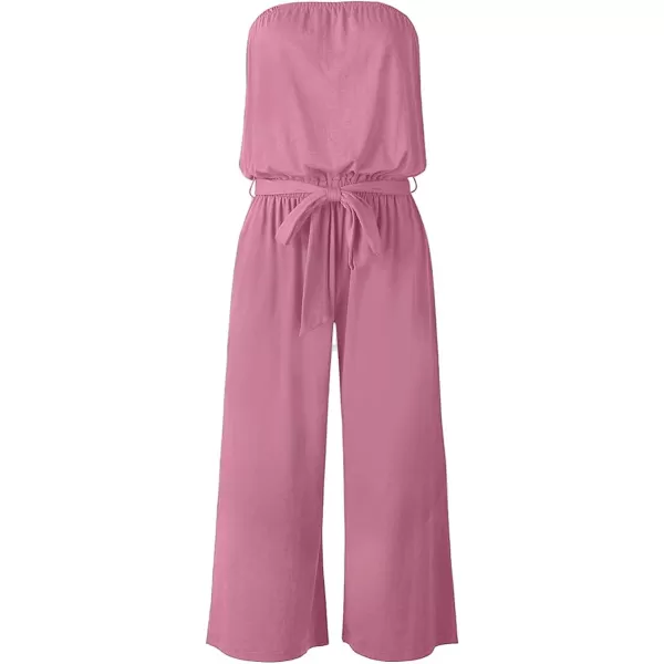 imageZESICA Womens 2023 Casual Off Shoulder Solid Color Strapless Belted Wide Leg Jumpsuit RomperDustypink
