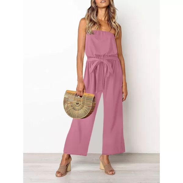 imageZESICA Womens 2023 Casual Off Shoulder Solid Color Strapless Belted Wide Leg Jumpsuit RomperDustypink