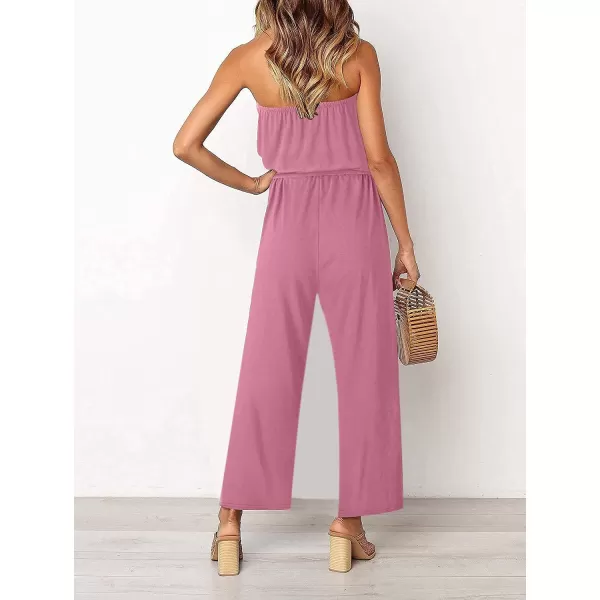 imageZESICA Womens 2023 Casual Off Shoulder Solid Color Strapless Belted Wide Leg Jumpsuit RomperDustypink