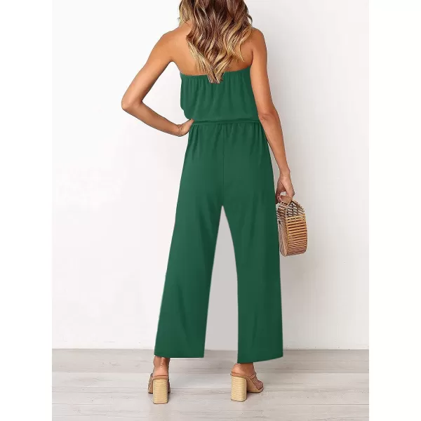 imageZESICA Womens 2023 Casual Off Shoulder Solid Color Strapless Belted Wide Leg Jumpsuit RomperGreen