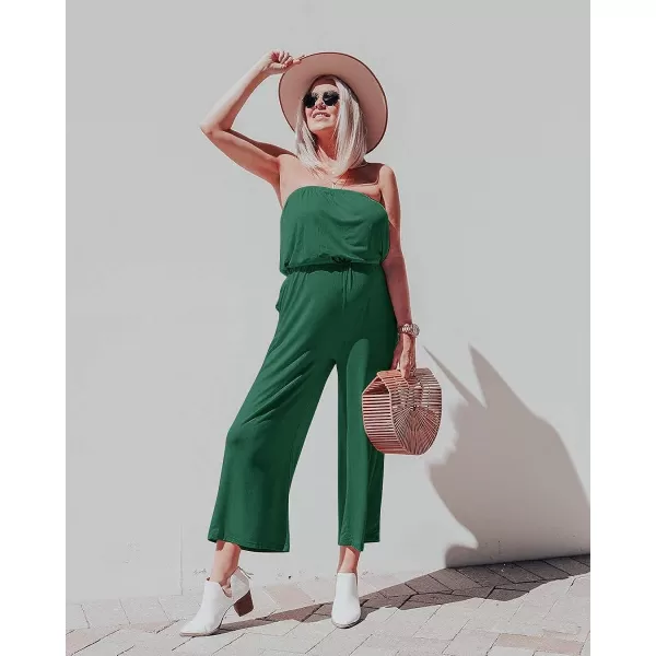 imageZESICA Womens 2023 Casual Off Shoulder Solid Color Strapless Belted Wide Leg Jumpsuit RomperGreen