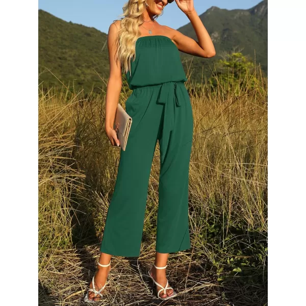 imageZESICA Womens 2023 Casual Off Shoulder Solid Color Strapless Belted Wide Leg Jumpsuit RomperGreen