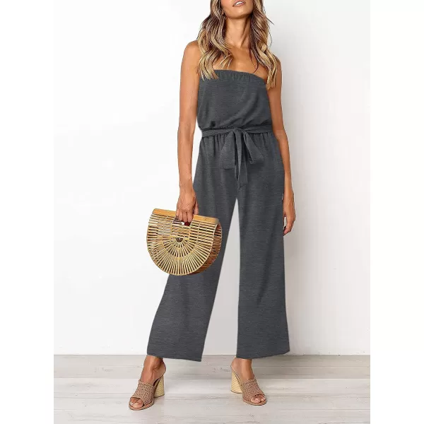imageZESICA Womens 2023 Casual Off Shoulder Solid Color Strapless Belted Wide Leg Jumpsuit RomperGrey