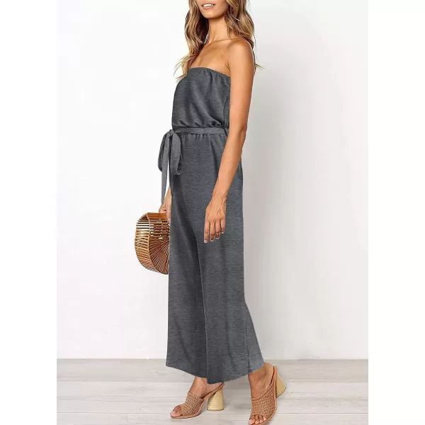 imageZESICA Womens 2023 Casual Off Shoulder Solid Color Strapless Belted Wide Leg Jumpsuit RomperGrey