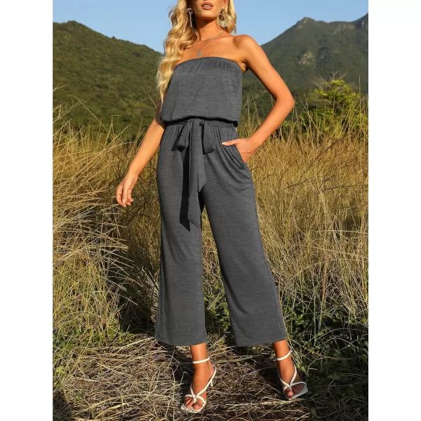 imageZESICA Womens 2023 Casual Off Shoulder Solid Color Strapless Belted Wide Leg Jumpsuit RomperGrey