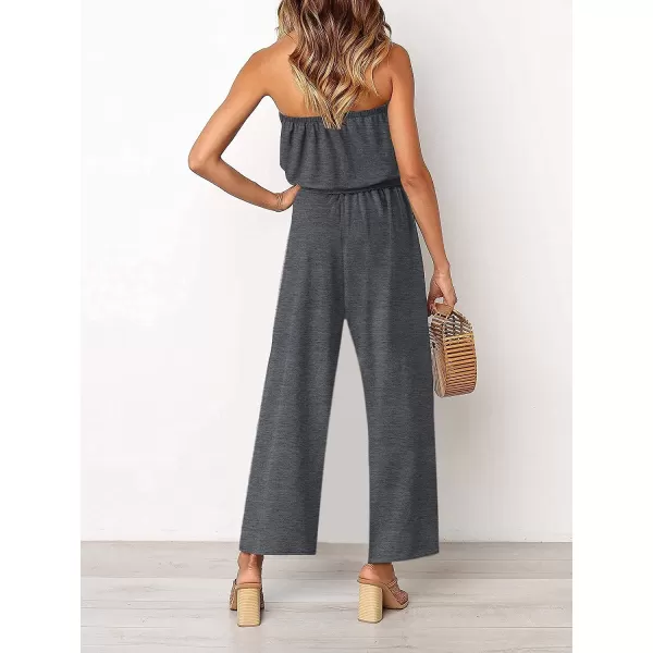 imageZESICA Womens 2023 Casual Off Shoulder Solid Color Strapless Belted Wide Leg Jumpsuit RomperGrey