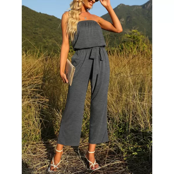 imageZESICA Womens 2023 Casual Off Shoulder Solid Color Strapless Belted Wide Leg Jumpsuit RomperGrey