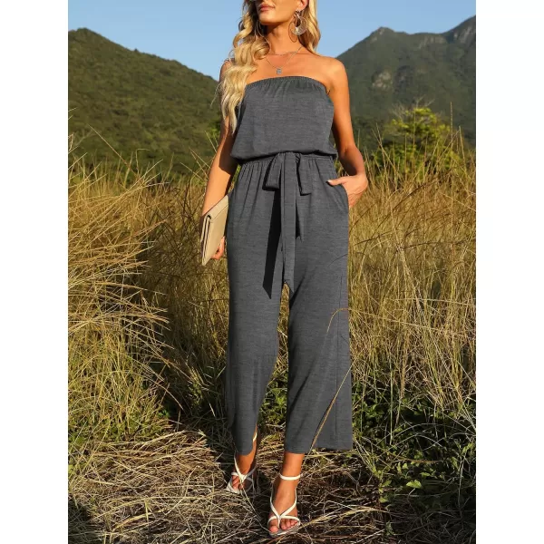imageZESICA Womens 2023 Casual Off Shoulder Solid Color Strapless Belted Wide Leg Jumpsuit RomperGrey