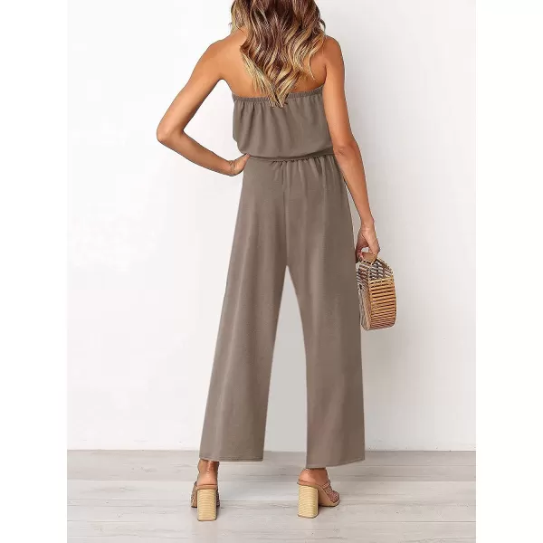 imageZESICA Womens 2023 Casual Off Shoulder Solid Color Strapless Belted Wide Leg Jumpsuit RomperMocha