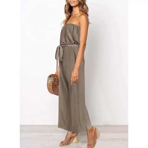 imageZESICA Womens 2023 Casual Off Shoulder Solid Color Strapless Belted Wide Leg Jumpsuit RomperMocha