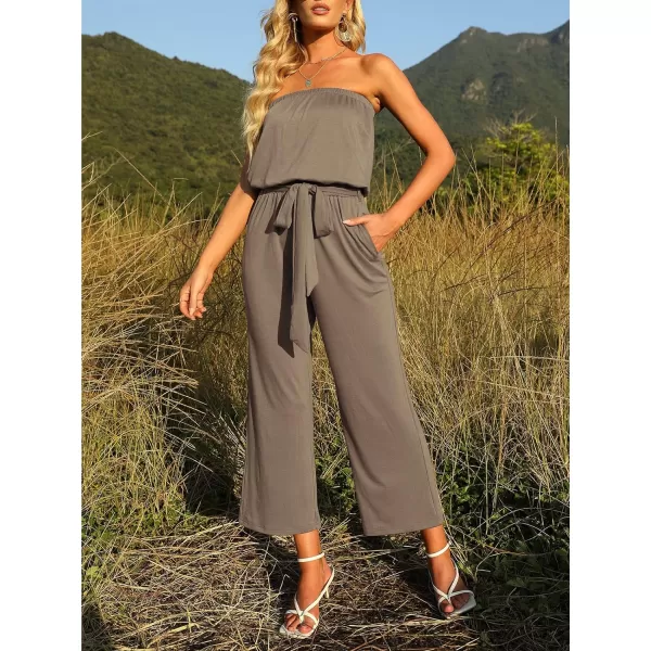 imageZESICA Womens 2023 Casual Off Shoulder Solid Color Strapless Belted Wide Leg Jumpsuit RomperMocha
