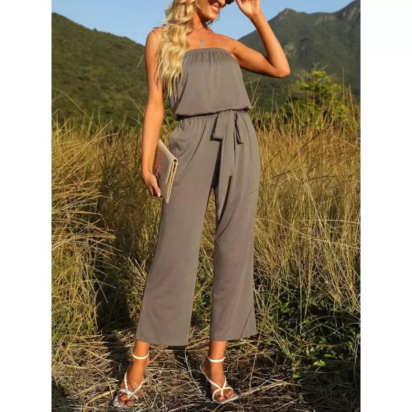 imageZESICA Womens 2023 Casual Off Shoulder Solid Color Strapless Belted Wide Leg Jumpsuit RomperMocha