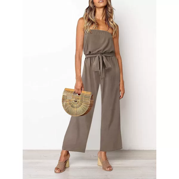 imageZESICA Womens 2023 Casual Off Shoulder Solid Color Strapless Belted Wide Leg Jumpsuit RomperMocha