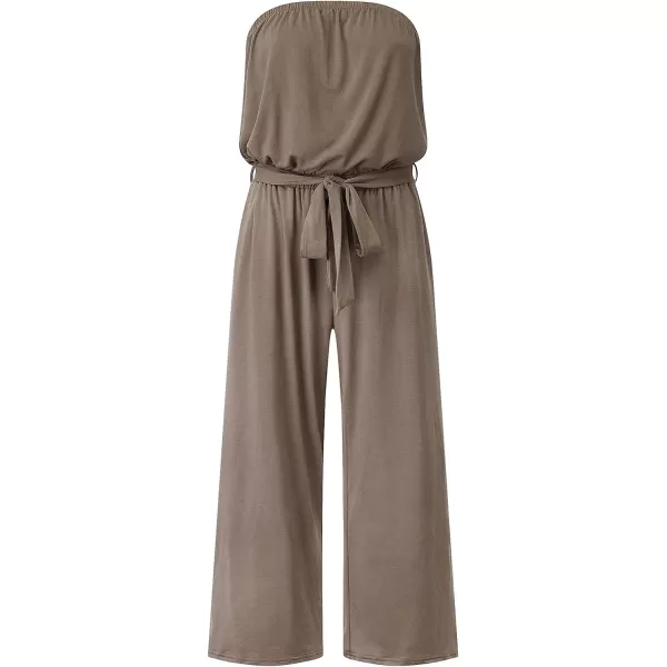 imageZESICA Womens 2023 Casual Off Shoulder Solid Color Strapless Belted Wide Leg Jumpsuit RomperMocha