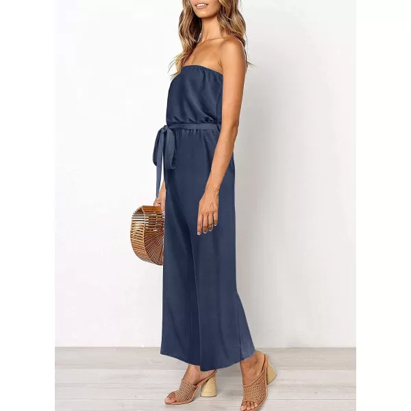 imageZESICA Womens 2023 Casual Off Shoulder Solid Color Strapless Belted Wide Leg Jumpsuit RomperNavy