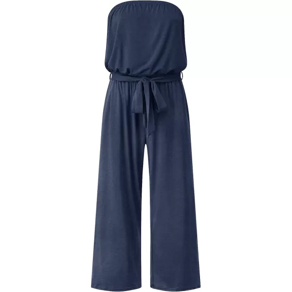 imageZESICA Womens 2023 Casual Off Shoulder Solid Color Strapless Belted Wide Leg Jumpsuit RomperNavy