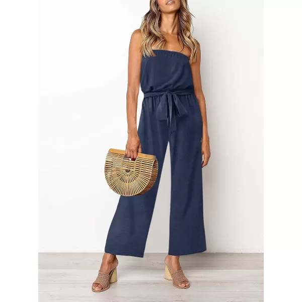 imageZESICA Womens 2023 Casual Off Shoulder Solid Color Strapless Belted Wide Leg Jumpsuit RomperNavy