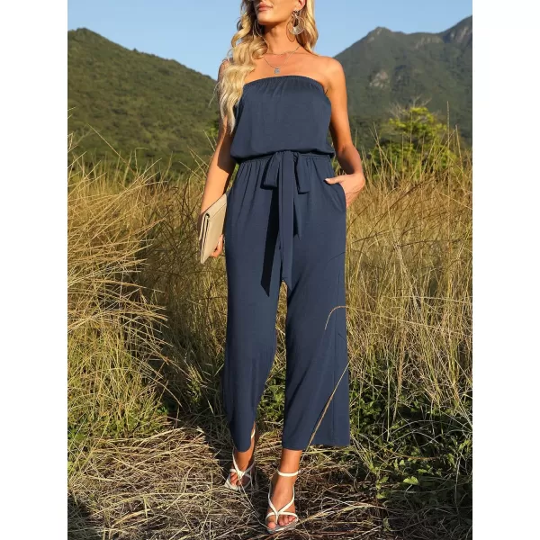 imageZESICA Womens 2023 Casual Off Shoulder Solid Color Strapless Belted Wide Leg Jumpsuit RomperNavy