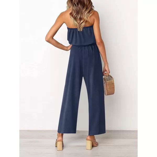 imageZESICA Womens 2023 Casual Off Shoulder Solid Color Strapless Belted Wide Leg Jumpsuit RomperNavy