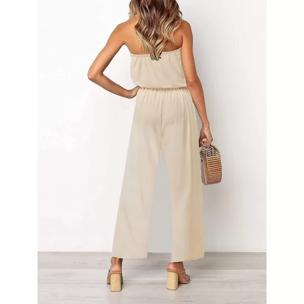 imageZESICA Womens 2023 Casual Off Shoulder Solid Color Strapless Belted Wide Leg Jumpsuit RomperNude